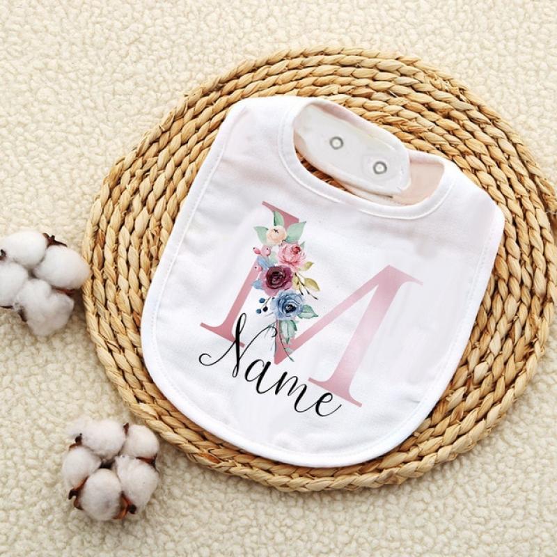 Personalised Baby Bibs Custom Initial with Name Girls Cotton Bib Newborn Saliva Towel Flower Print Bib Baptism Baby Shower Gifts