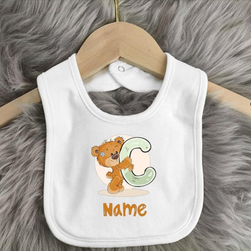 Personalised Baby Bibs Custom Initial Wite Name Boy Girl Cotton Bib  Newborn Saliva Towel Cute Bear Print Bib Baby Shower Gift