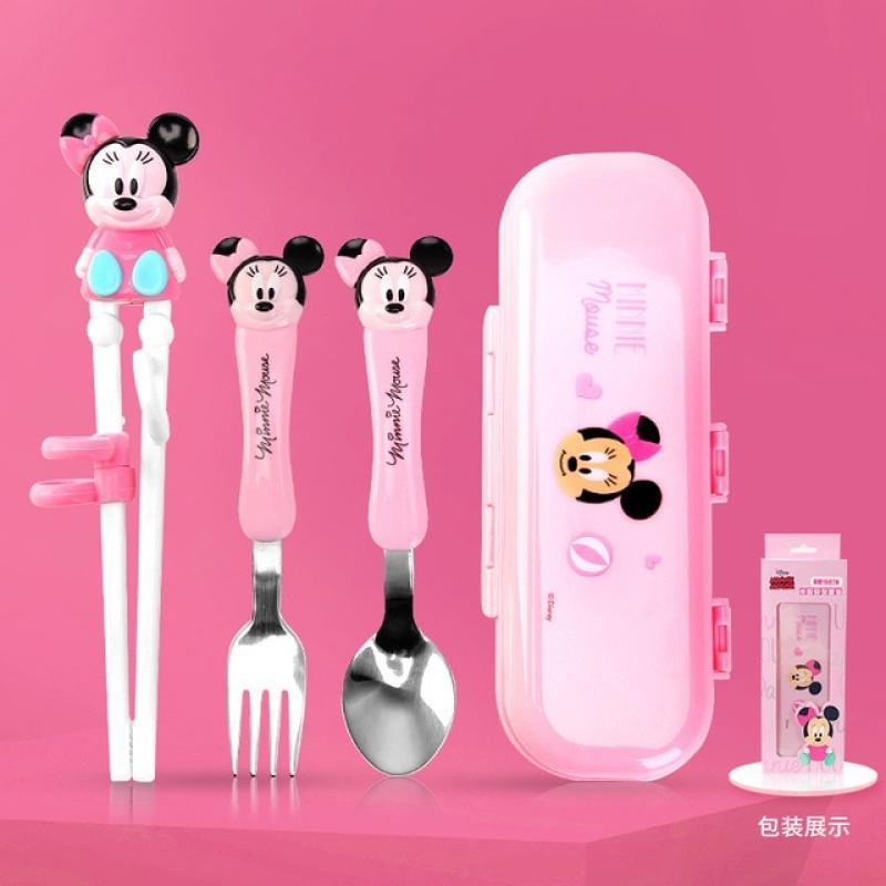 1 Set Of Disney Mickey Mouse Series Children's Training Chopsticks Spoon Fork Cutlery Minnie Mickey Children's Cutlery Set