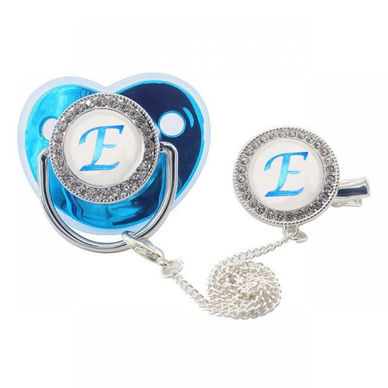 Name Initial Letters Baby Pacifier with Clips Lids Rhinestone Blue Luxury Pacifier Newborn Baby Boys Silicone Nipple Baby Shower