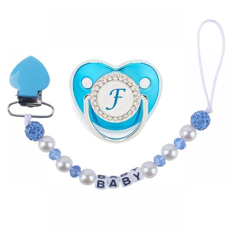 Luxury Blue Baby Pacifier BPA Free Silicone Pacifier Name Initial Letter With Clip Cartoon Infant Silicone Orthodontic Pacifier