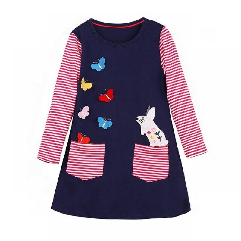 Jumping Meters 2-8T Hot Selling Children's School Dresses With Pockets Pen Embroidery Long Sleeve Autumn Kids Preppy Style Dress