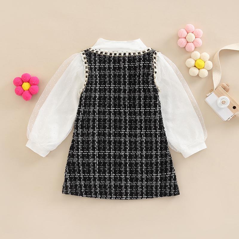 Cute Kids Girls Fashion Dress Fake Two Piece Patchwork Long Sleeve Weave Edging Black White Line Plaid Elegant Dress For 1-6Yrs