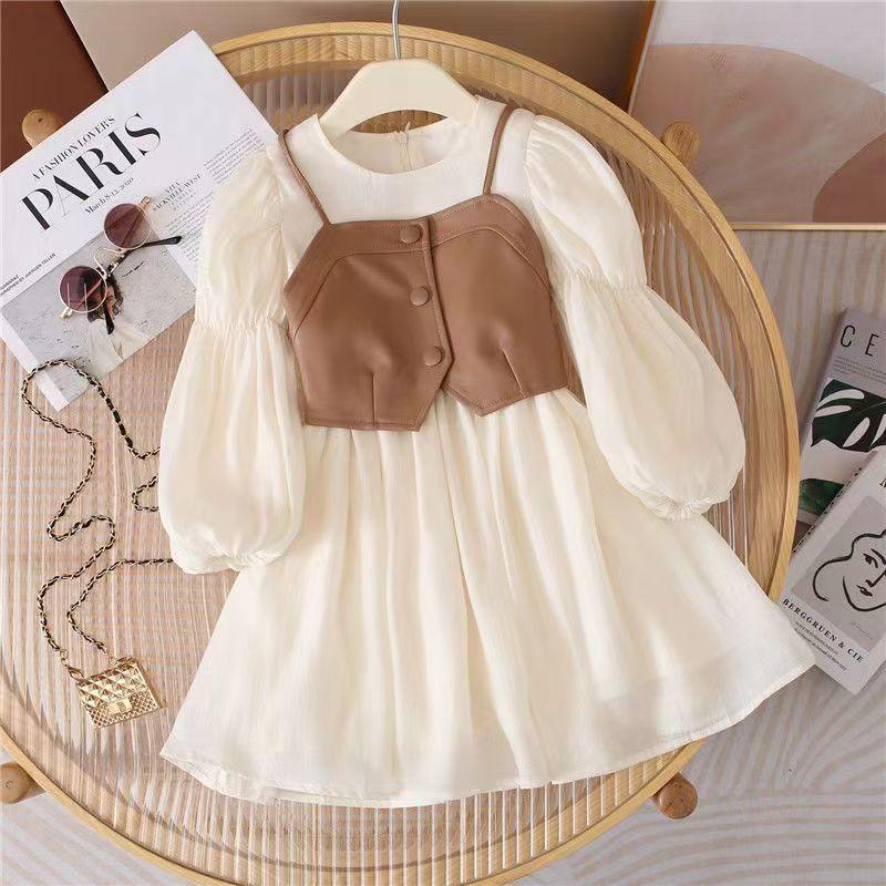 Spring Autumn Baby Suits Girl Vest + Long Sleeve Dresses 2piece Kids Cute Princess Dress Children Chiffon Vestido 2 to10T