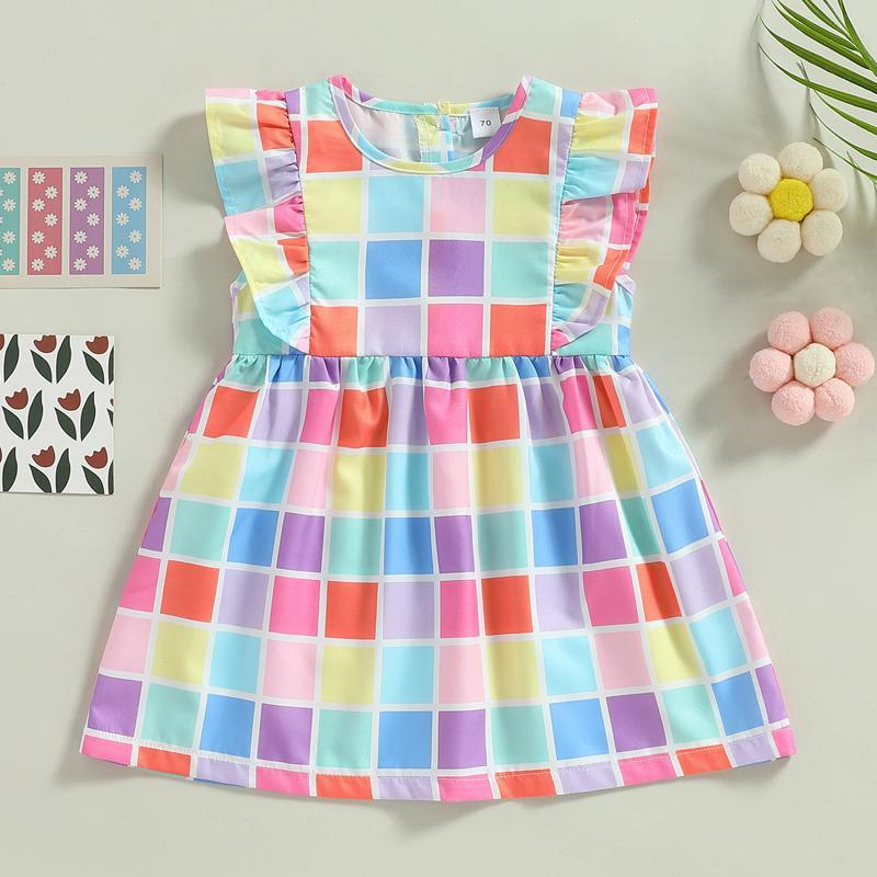 Easter Toddler Girls Dress Summer Ruffle Sleeveless Round Neck Colorful Plaid A-Line Dress Fashion Clothing For 6M-4Y