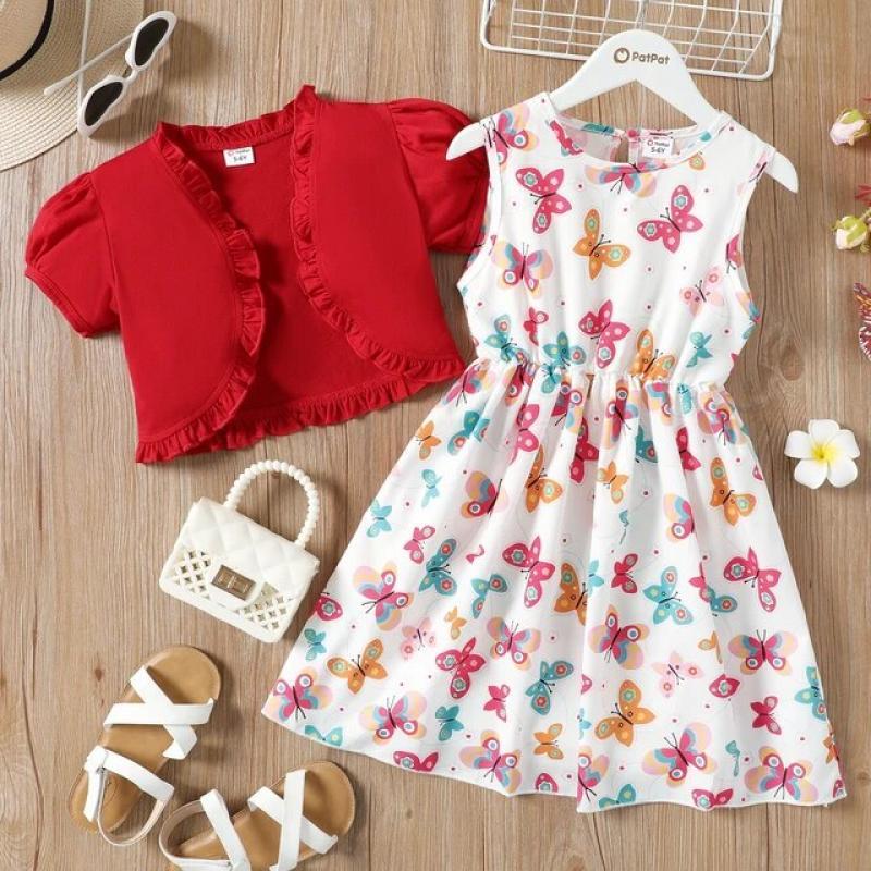 PatPat 2Pcs Kid Girl Ruffled Short-sleeve Cardigan and Butterfly/Floral Print Tank Dress Set