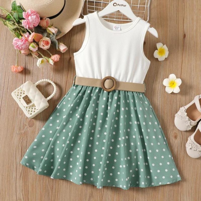 PatPat 2pcs Kid Clothes Girl Dresses Polka Dots Ribbed Girls Splice Sleeveless Dress & Belt