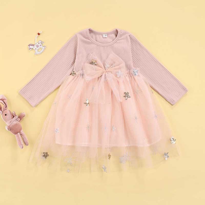 Autumn Sweet Cute Girls Dress Kids Long Sleeve Stitching  Mesh Bow Waist Sparkling Sequins A-Line Princess Dresses for 1-4Y