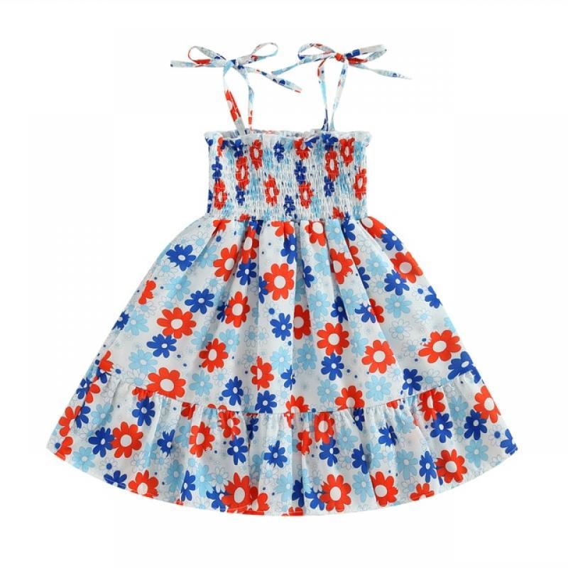 3-8Y Kids Girl Dresses Sleeveless Off Shoulder Bull Floral Star Striped Independence Day Casual Party Street Princess Dress
