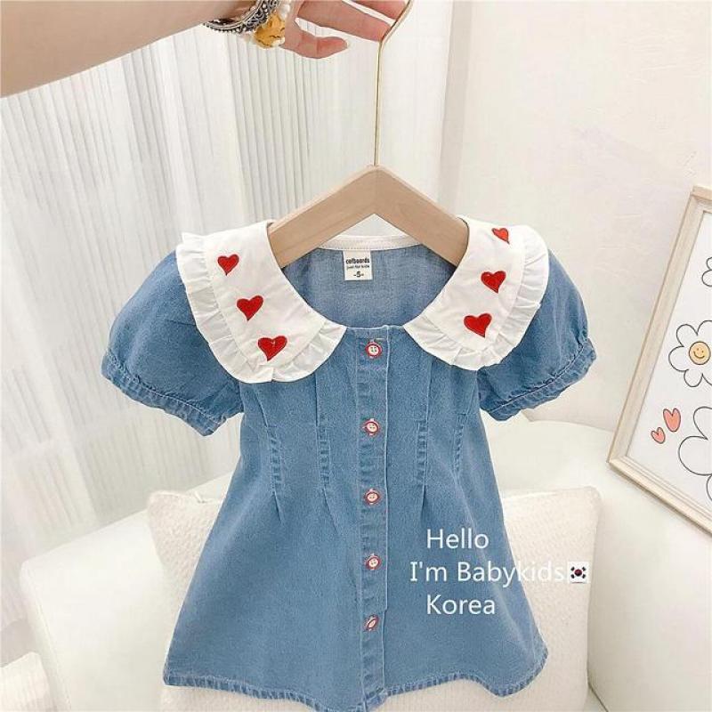 Summer Girl Children Cardigan Love Embroidery Casual Denim Dress Baby Simple Cotton Short Sleeve Princess Dresses Infant Outfits
