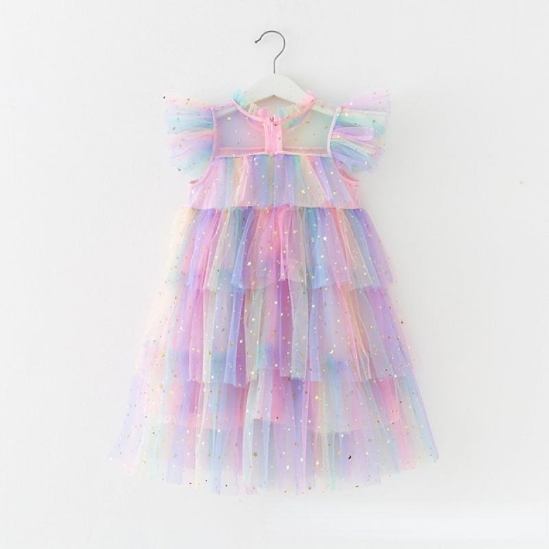 Girls Tulle Super Fairy Princess Dresses Fly Sleeve Rainbow Star Sequined Cake Dress Children Mesh Puffy Birthday Party Vestidos