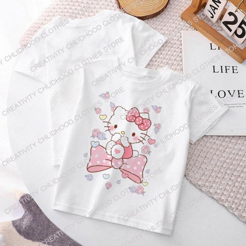 Hello Kitty Flower Children T-shirt Kawaii Sanrio Kuromi Melody Anime Y2k T Shirt Cartoon Kid Girl Boy Streetwear Casual Clothes