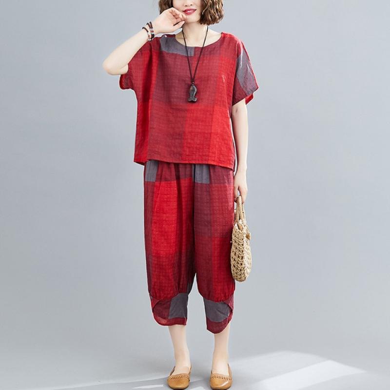 Thin Soft Cotton Linen Loose Women Clothes Set Tops Harem Pants Two Piece Casual Set Vintage Plaid Lady Summer Fashion Set Suits