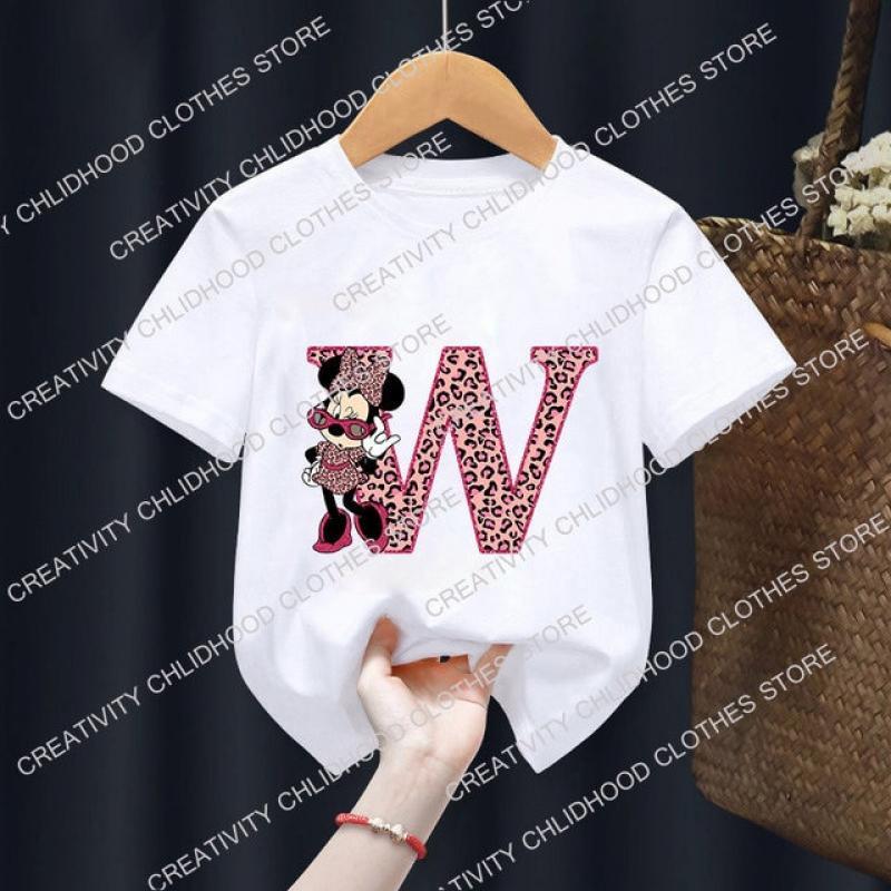 Minnie Children T-Shirts Letter A-Z Name Combination Disney Kawaii Cartoons Clothes Kids Little Boy Girl Tee Shirts Casual Tops