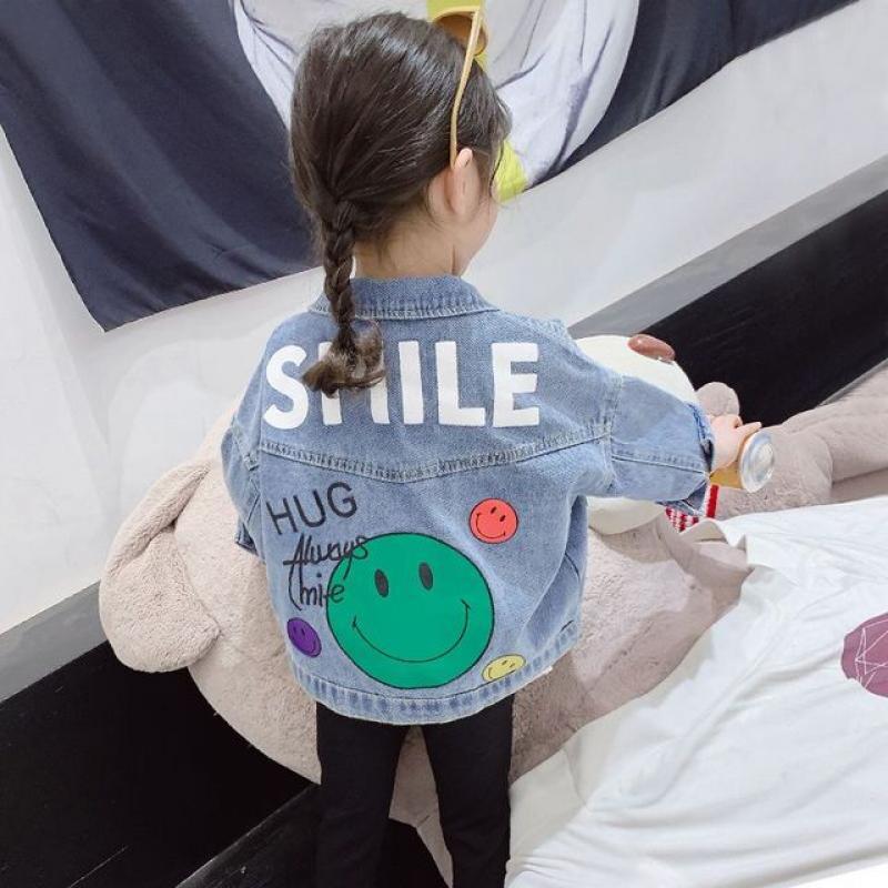 Spring Autumn Denim Girls Jacket Fashion Cartoon Smile Windbreaker For Kids 2-9 Years Children Clothing Outerwear Jackets Coats