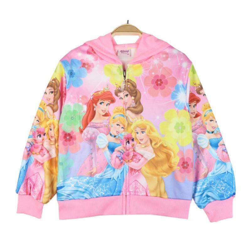 Disney Princess Spring Autumn Girls Pink Jacket Kids Hooded Zipper Sweater Coats Cotton Outwear Children Fashion Clothes 2-12Y