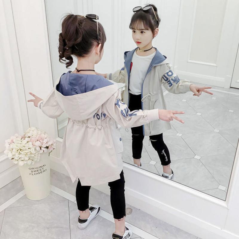 Girls Hooded Windbreaker Long Spring Autumn All-match Drawstring Jackets Big Child Sports Tight Waist Coats 2 12 13 14 Years Old