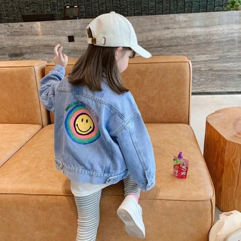 2-10 Years Old Spring Autumn Denim Girls Coat Smile Pattern Full Sleeve Windbreaker For Kids 2023 New Teenager Children Jacket