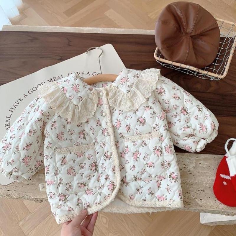 Baby Autumn Winter Clothing Boy Children Flower Print Ruffle Coat Kid Girl Cardigan Lace Long Sleeve Tops Infant Cotton Jacket