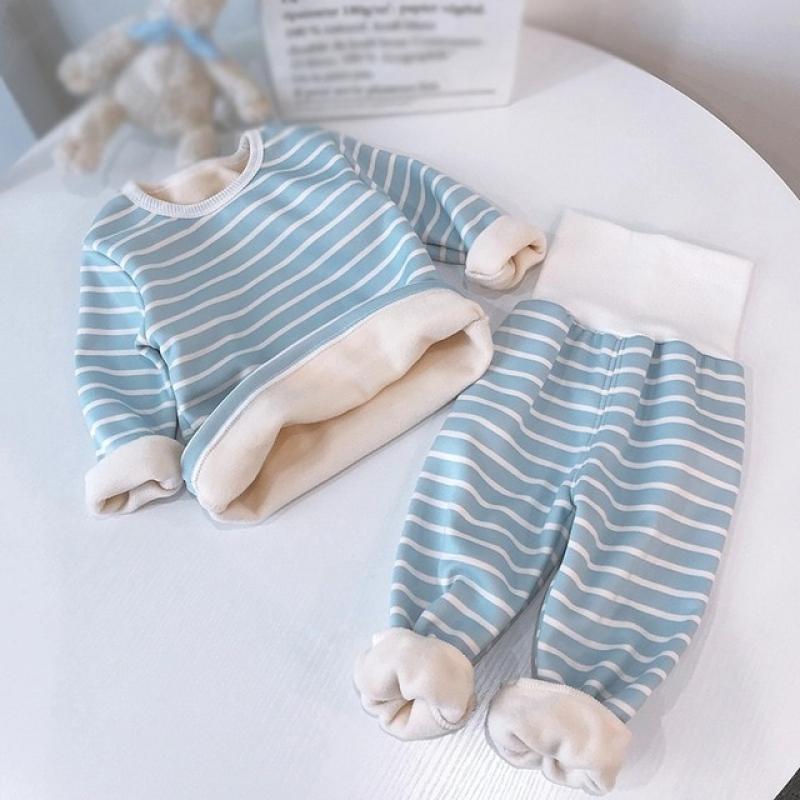 2Pcs Fall Winter Pajama Suit Set Children Boys Girls Fleece Long Sleeve Tops + Long Pants Loungewear