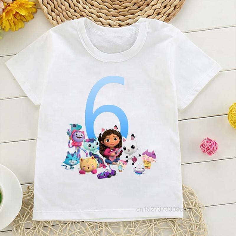 Fashion Kid'S Tshirts 2-12 Years Old Birthday Number Gabbys Doll House Cartoon Print Girls T-Shirts Birthday Party Clothing