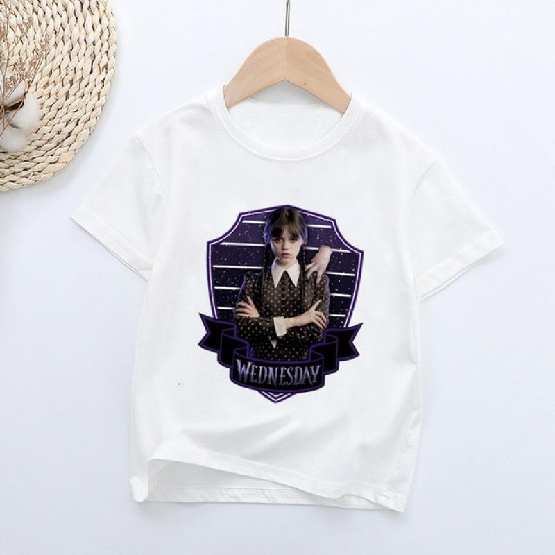 New Hot Serials Wednesday Addams Print Kids T shirt Girls Summer Tops Baby Boys Clothes Fashion Children Short Sleeve T-shirt