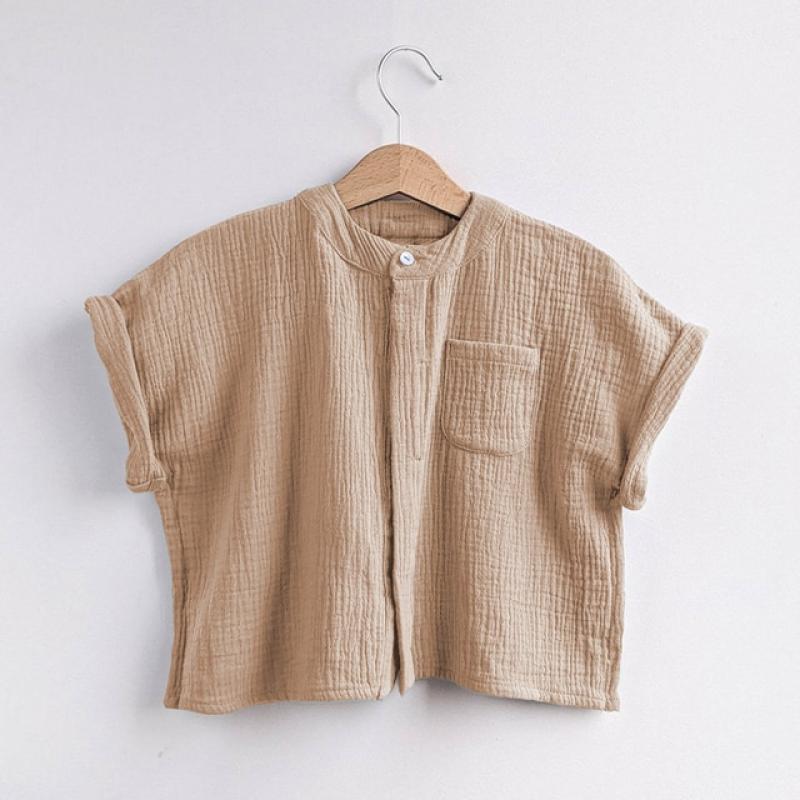 100% Cotton Muslin Boys T-shirt 2022 Summer New Children's Casual Loose Short-Sleeve Pocket Tops TZ057