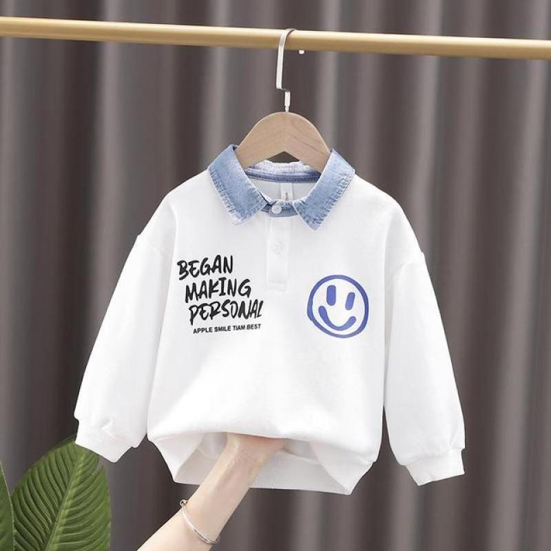 Long Sleeve Kids Clothing Spring Lapel New Boys Letter Cartoon Pattern Printed Cotton Korean Version Spliced Button Sweatshirts