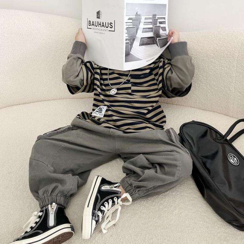 Cotton Kids Clothes Boys 2023 Spring New Fashion Casual Trend Korean Version Spliced Striped Long Sleeve Round Neck Sweatshirts