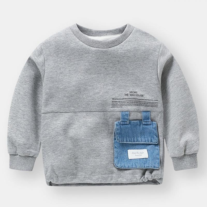 2022 Spring Autumn Fashion 2 3 4 5 6 7 8 10 Years Children Black Gray Denim Pocket Color Patchwork Sweatshirt For Kids Baby Boy