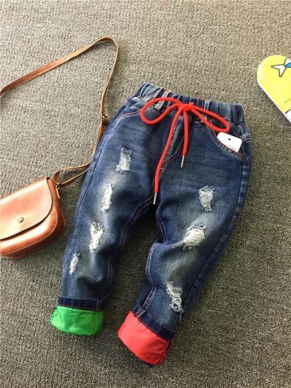 Korean Style New Children Jeans Spring Autumn Boys Fashion Hole Straight Cylinder Casual Jeans Elastic Waist Kids Loose Trousers