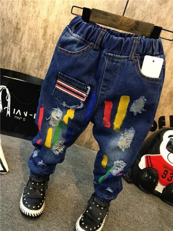 Boys Jeans Fashion Hole New Children Straight Cylinder Casual Jeans Spring Autumn Korean Style Elastic Waist Kids 3-8Ys Trousers