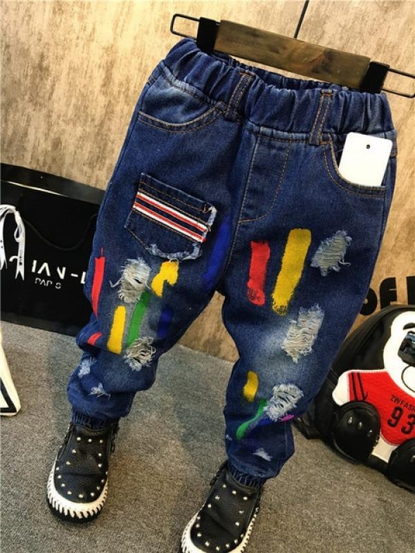 Children's Jeans Boys Small Hole Jeans Spring Autumn Kids Casual Fashion Trousers Boys Korean Style Elastic Waist Straight Pants