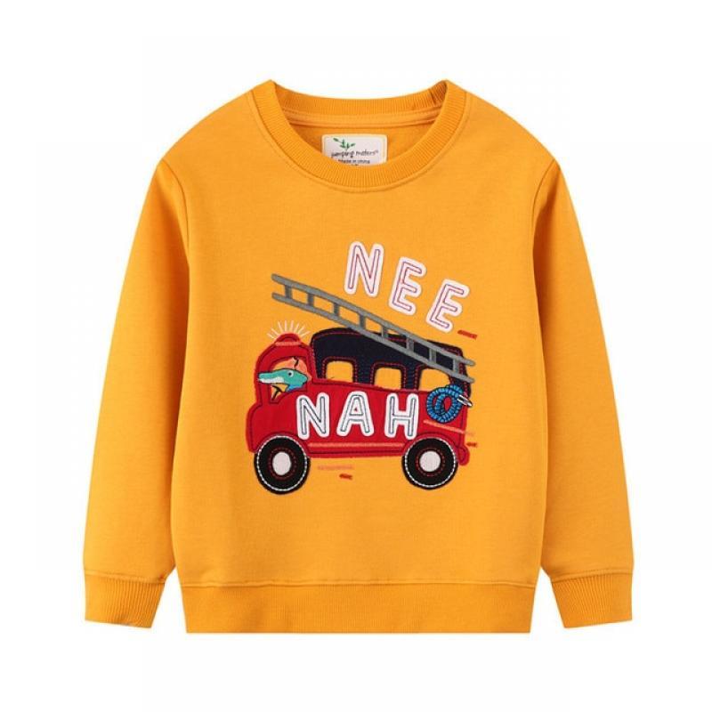 Jumping Meters Boys Autumn Winter Sweatshirts Cotton Fire Truck Applique Fashion Yellow Children's Hooded Tops Kids Sweaters