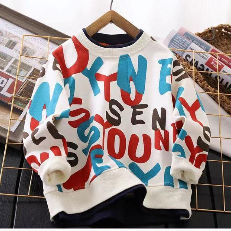 Boy's Hoody Autumn 2023 New Top Printed round Neck Children's Fake Two Pieces Leisure Long Sleeve Athletic Clothing