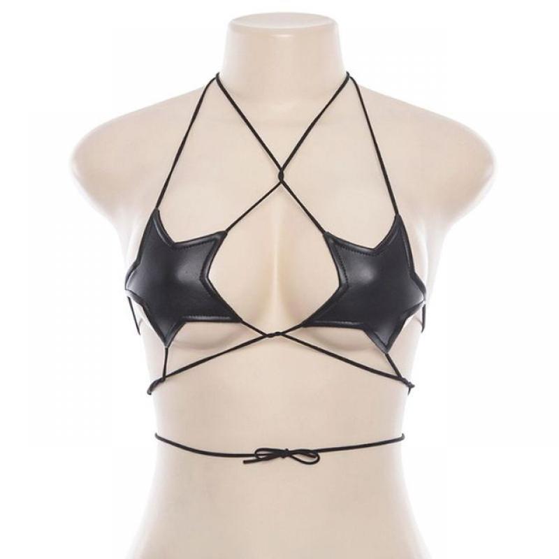 Womens Sexy Glitter Reflective Five-Pointed Star Bra Strappy Bandage Halter Top Bralette Nightout Clubwear Metallic Solid Color