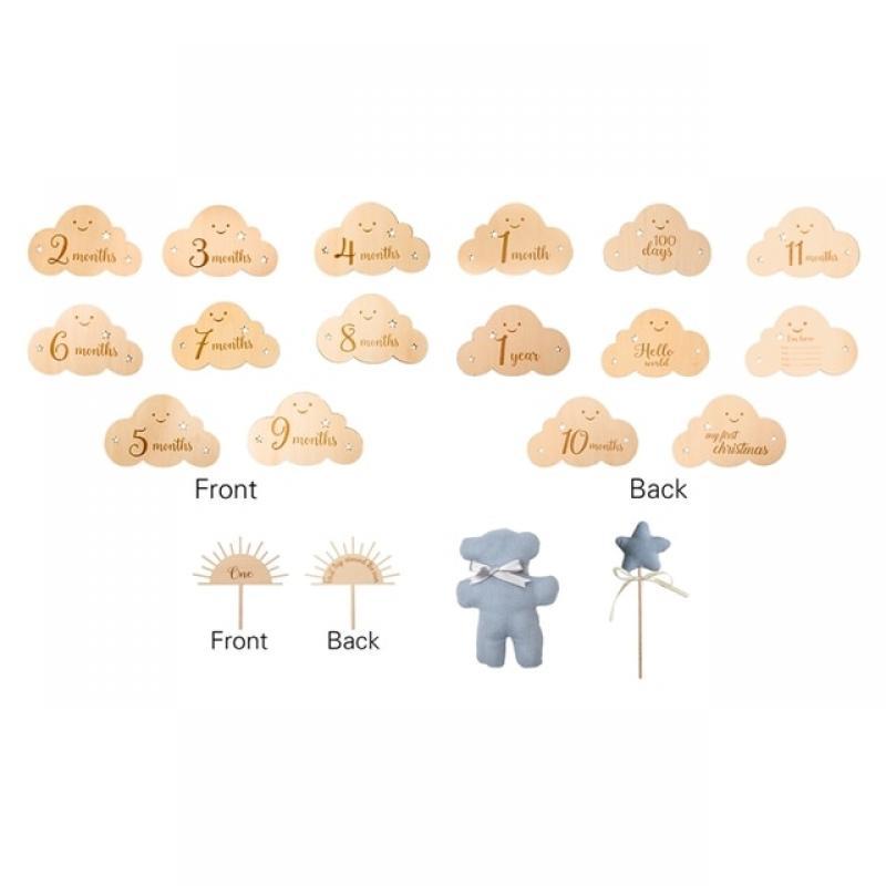 Baby Wooden Milestone Number Birthday  Bear Bell Toys Memorial Cards For Newborn Baby Age Photography Accessories Birthing Gifts