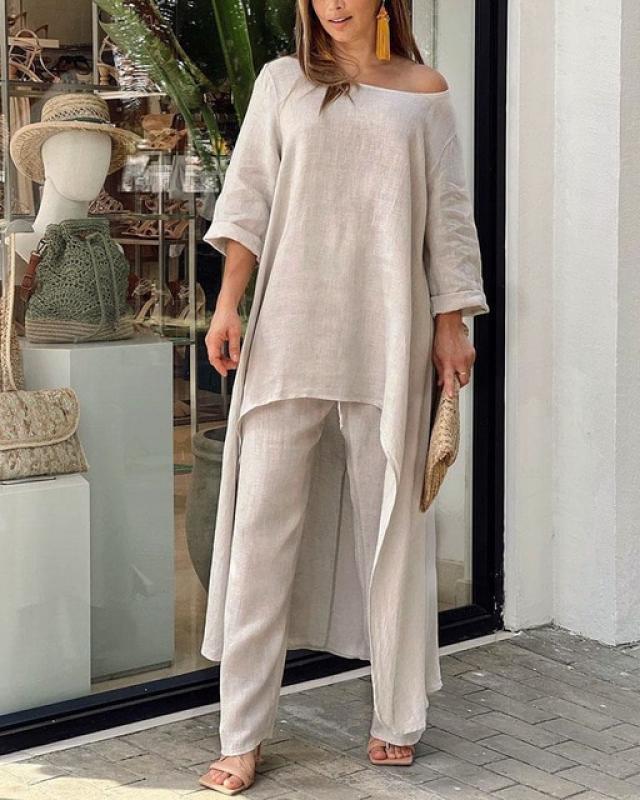 Cotton Linen Oversize Loose Irregular Long Sleeve Top and Wide Leg Pants Suit 2023 Spring Casual Solid 2 Pieces Set Woman Outfit