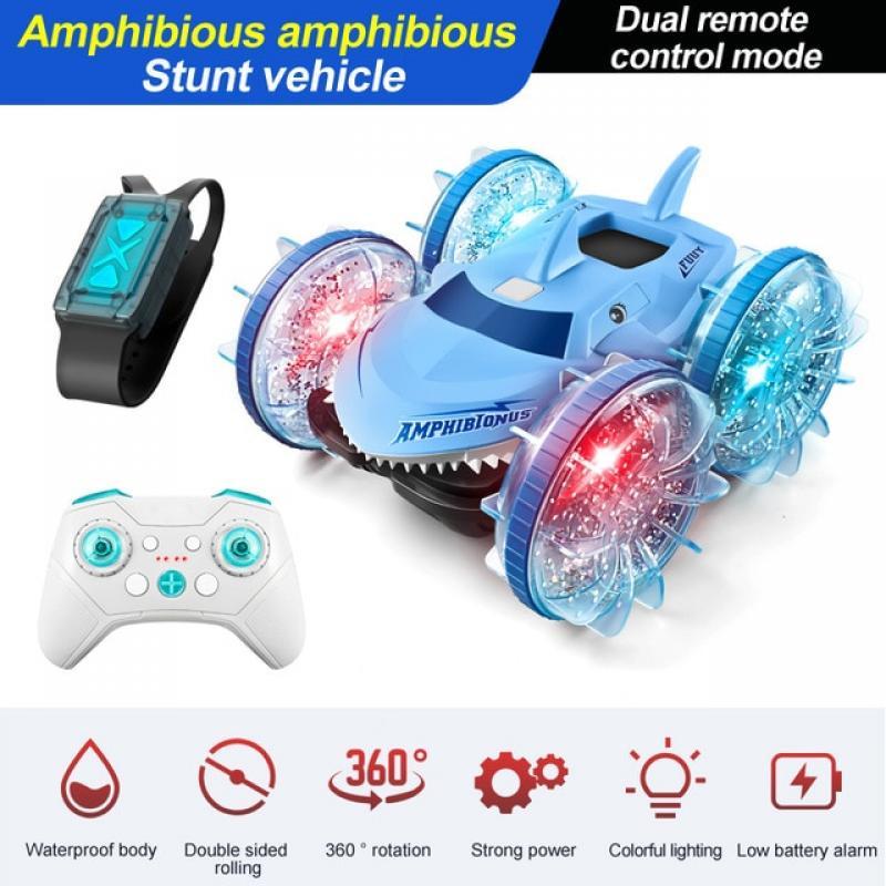 FUUY Amphibious Stunt Car Multifunctional Shark Remote Control Car Waterproof double-sided Rolling Driving Outdoor Toy Boy Gift