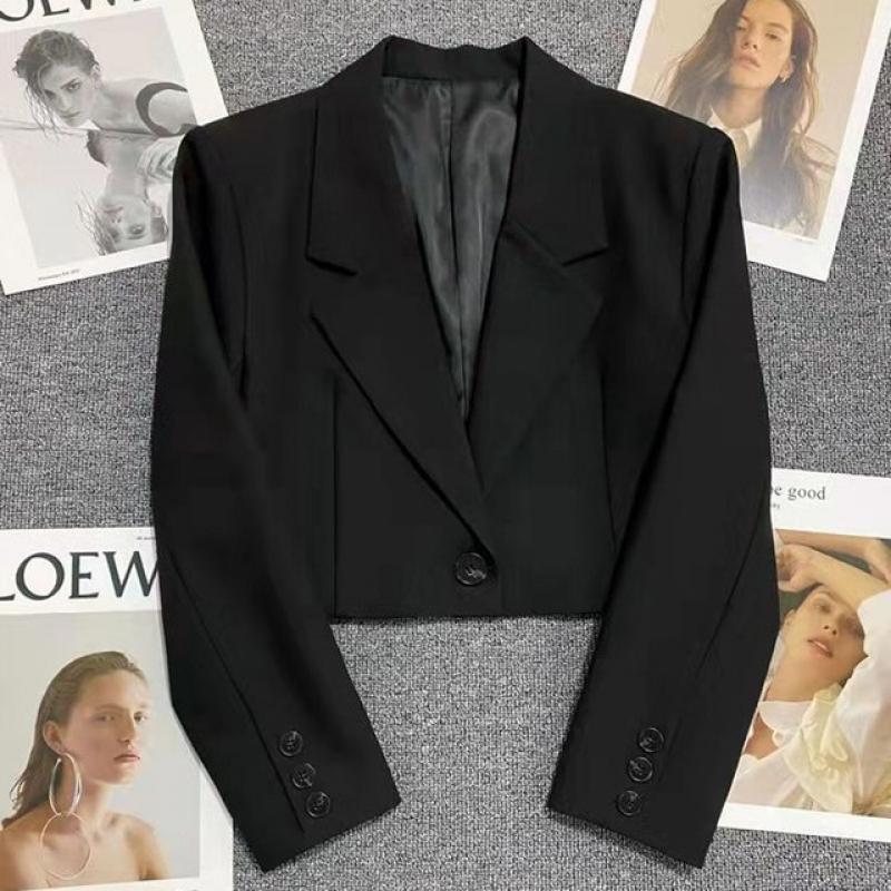 Korean Single Button Blazer Woman All-Match Long Sleeve Office Short Suit Jacket Ladies Solid Turndown Collar Crop Tops