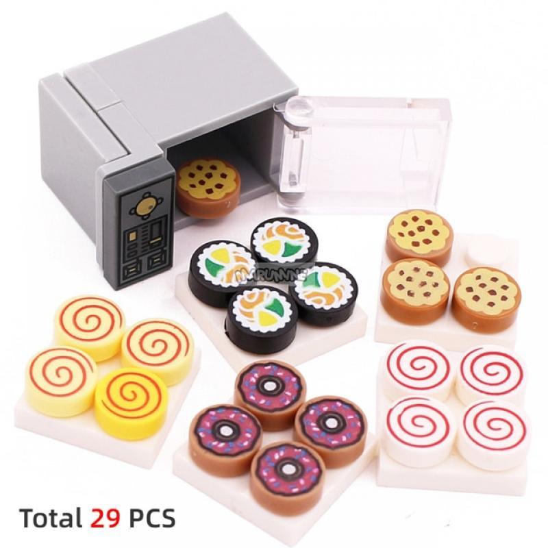 Marumine Mini Food Building Blocks Kitchen Accessories Hamburger Pizza Fries Cake Chocolate Cookies MOC Bricks Toy Basket Parts