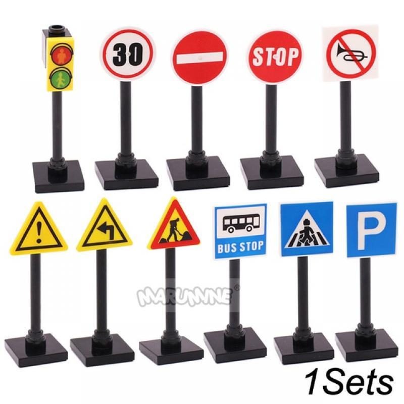 Marumine Traffic Road Sign Light Lamp MOC Block Brick Parts City Street View Building Accessories Barrier Speed Limit Warning