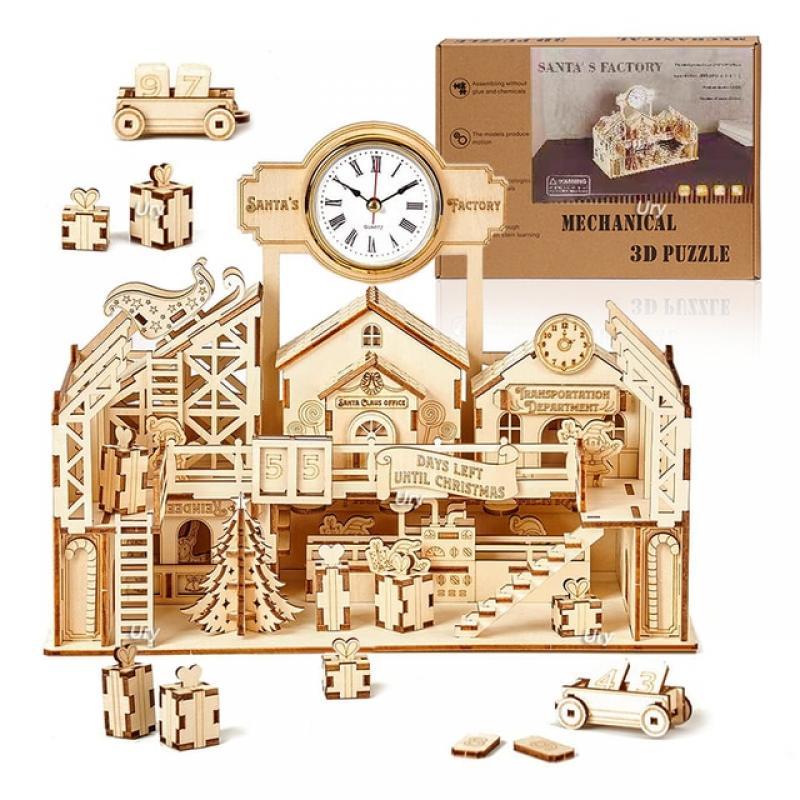 Ury 3D Wooden Puzzle Christmas Factory Table Clock Countdown Calendar Retro Toy for Kid Adult DIY Model Kit Decoration for Gifts