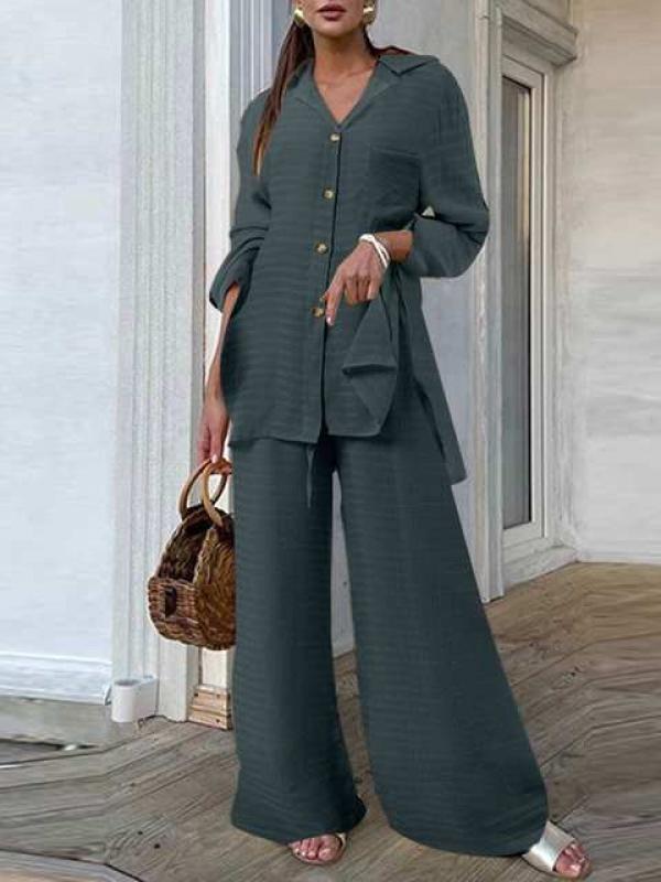 Casual Loose Women 2 PCS Sets Celmia Fashion Solid Lapel Collar Long Sleeves Shirt and Wide Leg Long Pant Suit Pocket Slit Sets