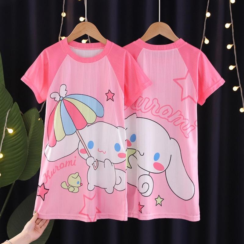 Kawaii Sanrio Kuromi Children's Nightdress Cute Anime Mymelody Cinnamoroll Cartoon Short Sleeve Pajamas Dress Girl Homewear Gift