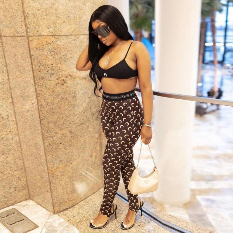 European and American Womens Clothing 2022 Summer New Ins Style Sexy Slim Print Navel Casual Pants Women Two Piece Sets