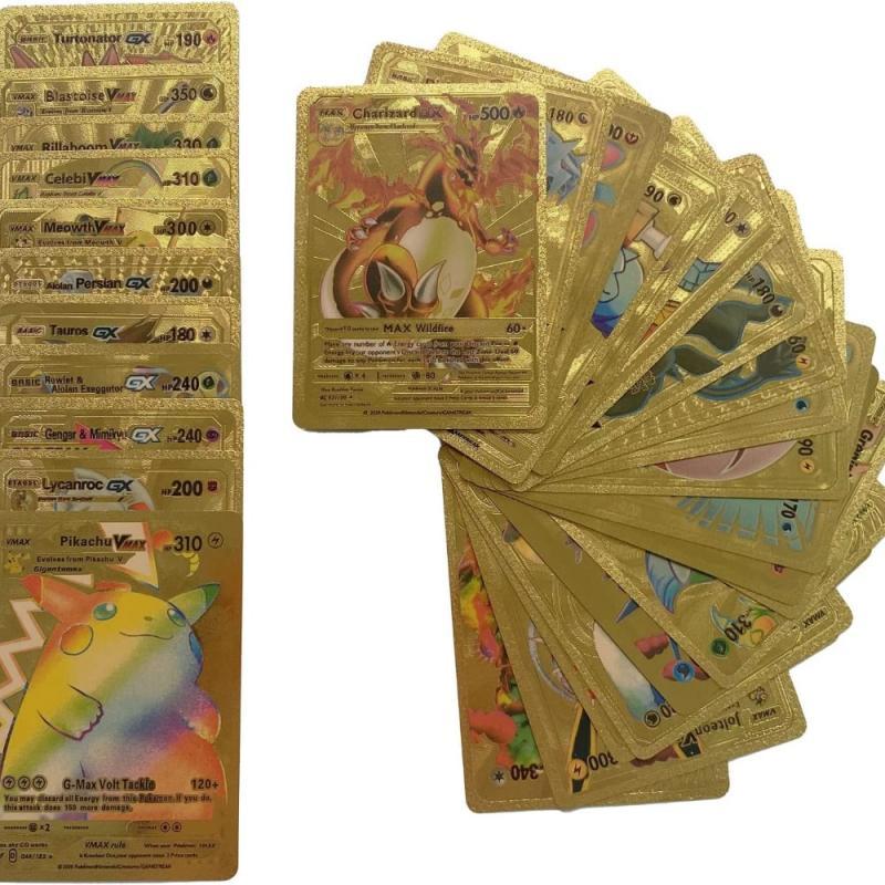Pokemon Vmax Gx Metal Card English Version Box Gold Black Golden Letters Silver Collection Charizard Pikachu Cards Pack Toy Gift