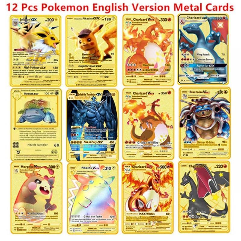 6-12 Pcs/Set Pokemon Metal Card English Spanish Version Anime Figure Charizard Pikachu Battle Trading Pocket Monster Cards Toy