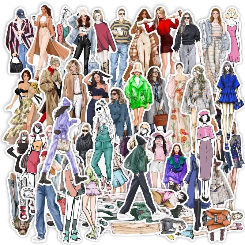 10/30/50pcs Fashion Hand-painted Girl Sticker DIY Scrapbooking Journal Collage Album Characters Clothing Decoration Stickers