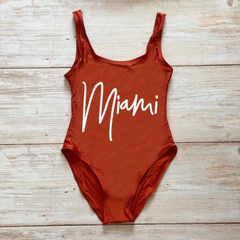 Sexy One Piece Swimsuit Women Swimwear Miami HOLA Summer Bathing Suit Higt Cut Low Back Beachwear Plus Size Bodysuit Swimming